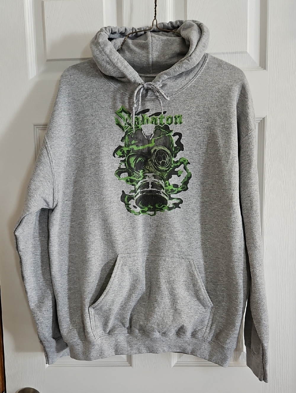 Gildan Brand Gray Hoodie with Sabaton Green Gas Mask Band Graphic UNISEX MEDIUM